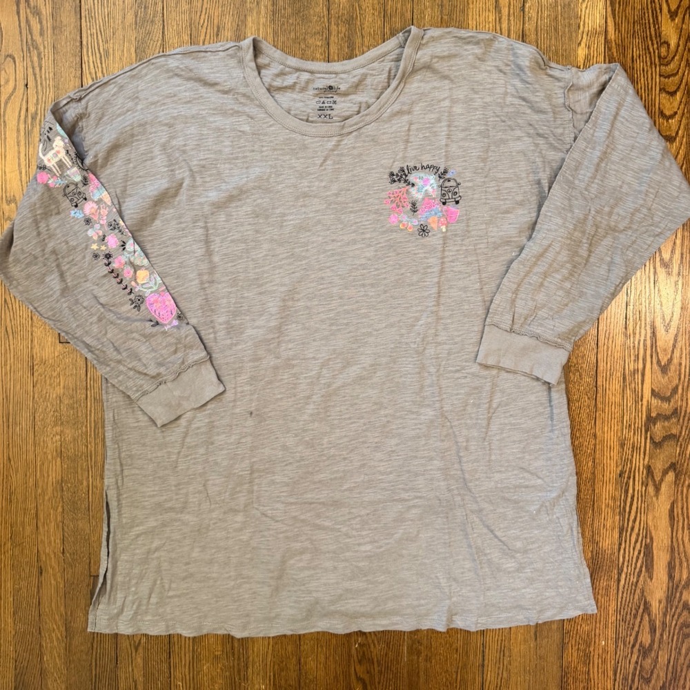 Natural Life Live Happy Slub Knit Long Sleeve Graphic Tee XXL Boho Oversized